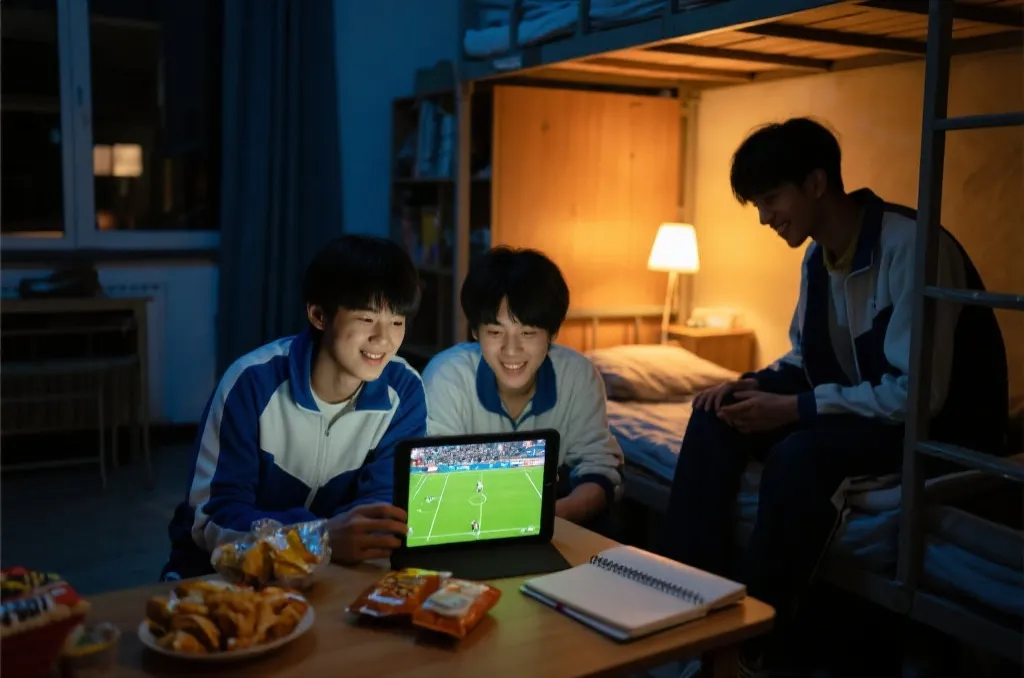 学生党在宿舍用平板和手机观看世界杯直播的场景